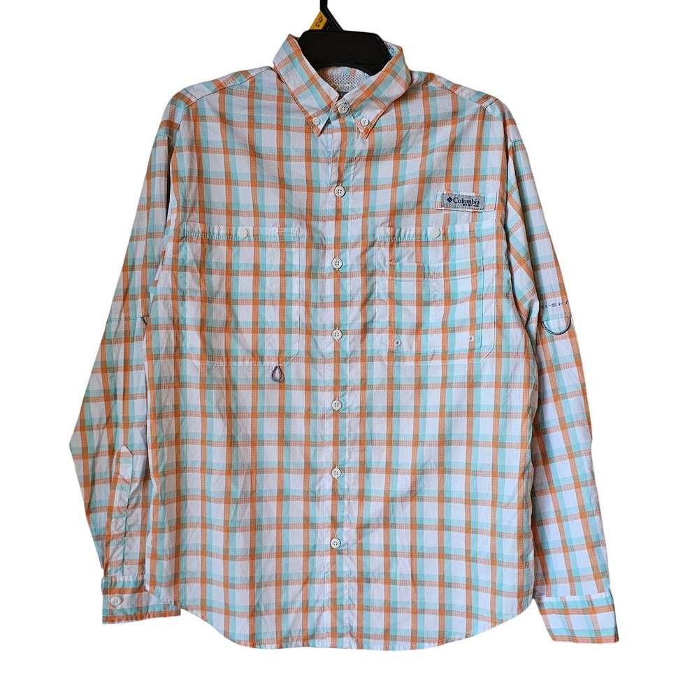 Columbia PFG Mens Small Long Sleeve Fishing Shirt Orange Teal Plaid Vented Back